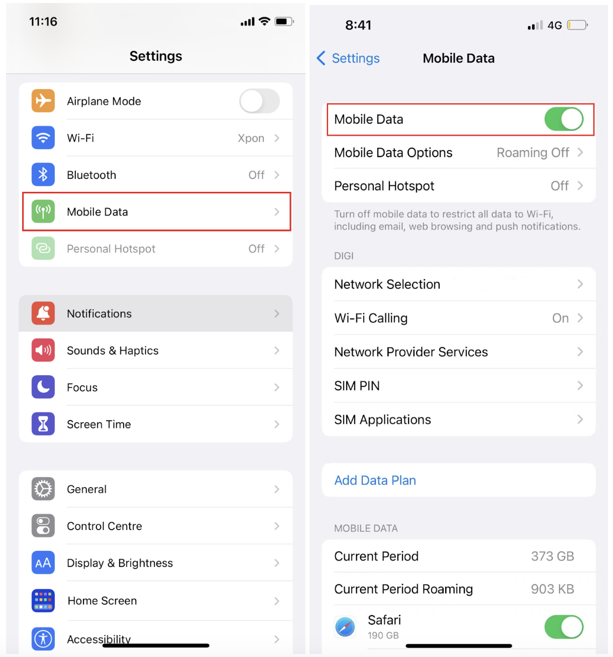 On your iPhone, toggle on Mobile Data